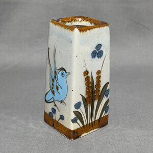 Ken Edwards Stoneware Pottery Bird Butterfly Square Vase Folk Art Tonala Mexico